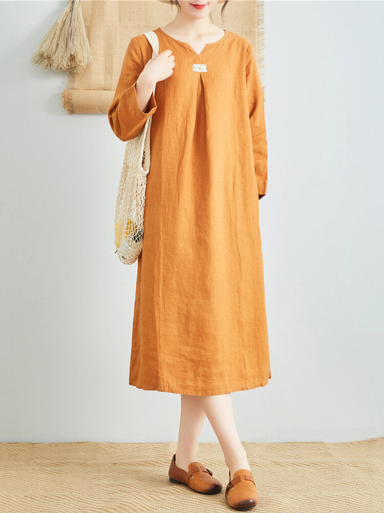 Women Pure Color Cotton Linen V-Neck Long Sleeve Dress with Pockets