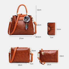 Women 4PCS Casual Handbag Solid Crocodile Pattern Fluffy Ball Shoulder Bag