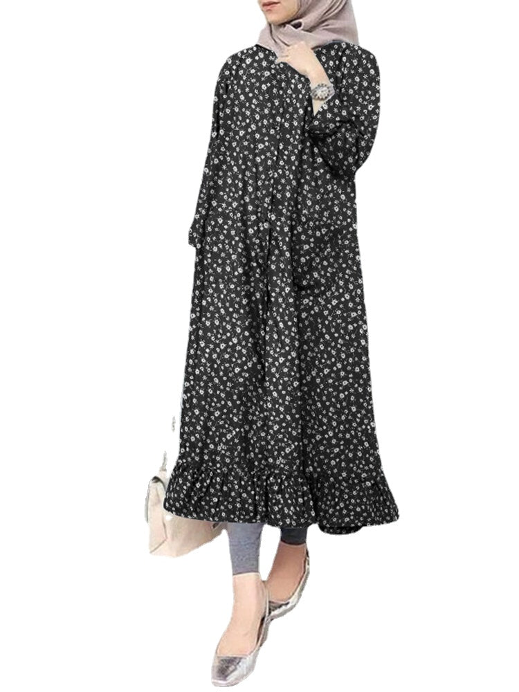 Ditsy Floral Button Ruffle Long Sleeve Maxi Dress