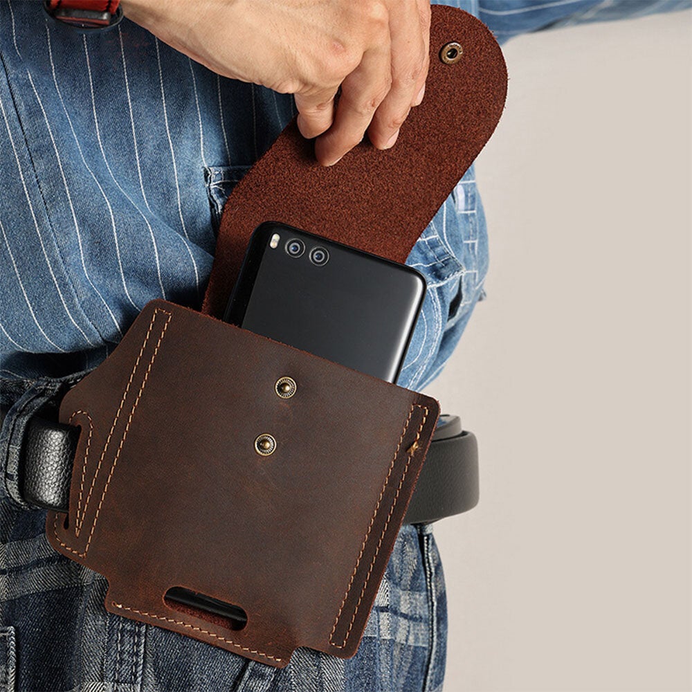 Men Genuine Leather Wear-resistant Outdoor Sport 6.5 Inch Phone Bag Retro Cover Hasp Waist Belt