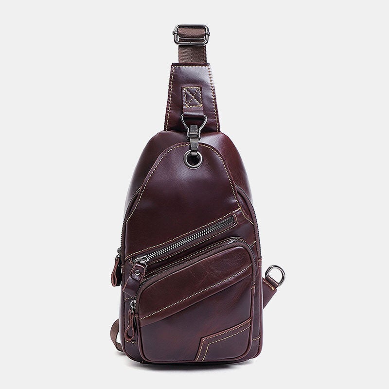 Men Genuine Leather Large Capacity Outdoor Casual Chest Bag Convertible Shoulder Strap Multi-pocket Crossbody