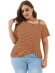 Plus Size Twist Striped Cold Shoulder Short Sleeve Casual Wild T-shirts