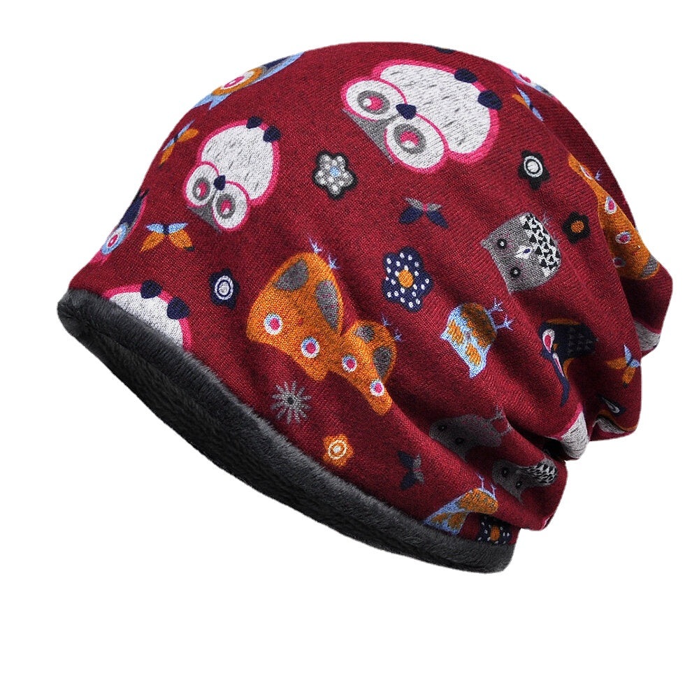 Women Plus Velvet Keep Warm Cartoon Animals Pattern Casual Personality Elastic Dual-use Neck Protection Beanie Scarf