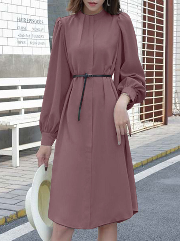 Solid Color Long Sleeve O-neck Puff Dress