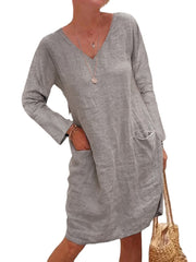 Women Cotton Solid V-Neck Casual Long Sleeve Midi Dress With Pockets