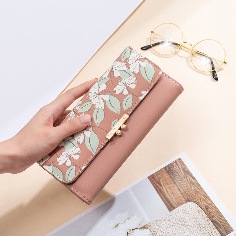 Women Plants 9 Card Slots Floral Trifold Wallet Purse