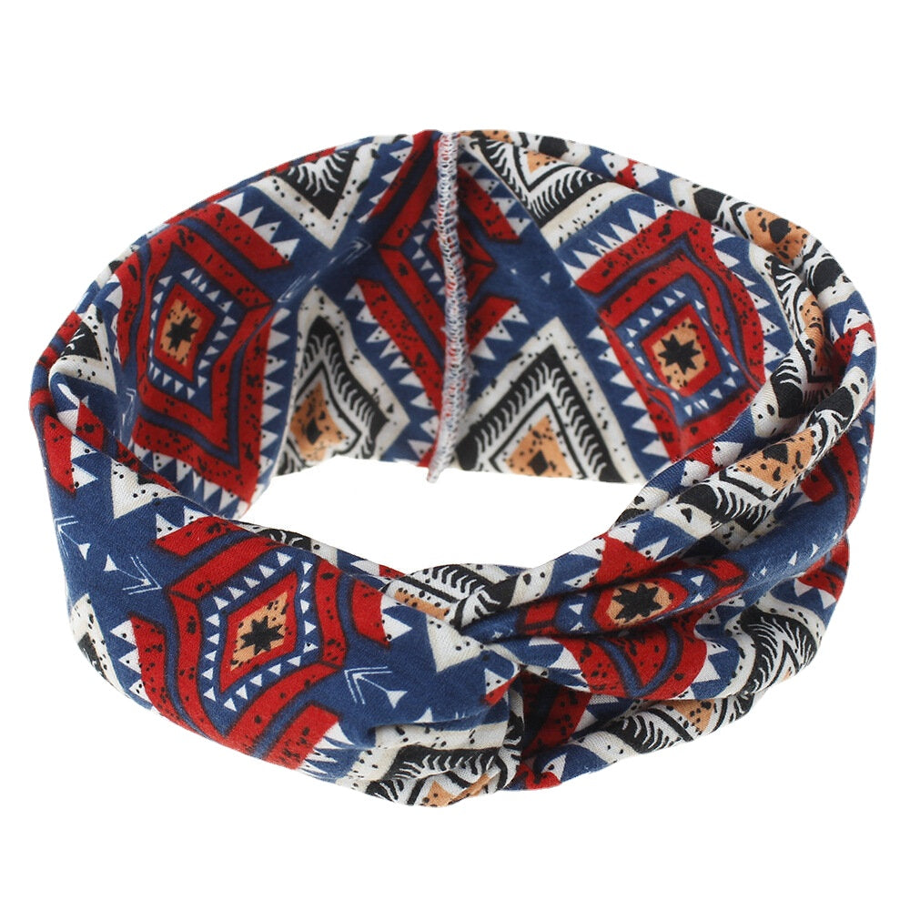 Women Bohemian Style Diamond Lattice Pattern Casual Outdoor Headdress Elastic Cross Tie Wide Brim Headband