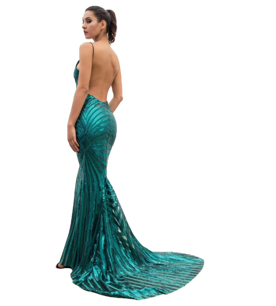 Love&Lemonade Sexy Green Deep V Neck Open Back Geometry Sequins Long Dress  LM81225