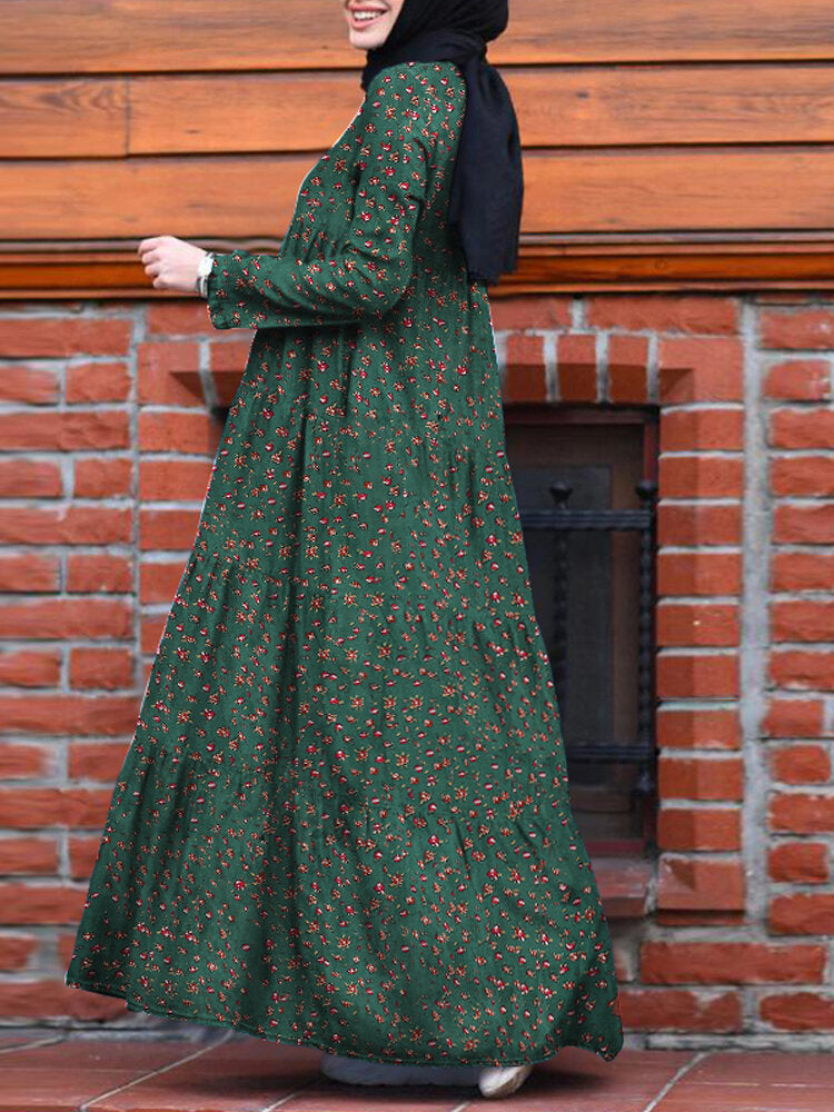 Women Floral Print O-Neck Retro Casual Long Sleeve Layered Dress With Side Pockets