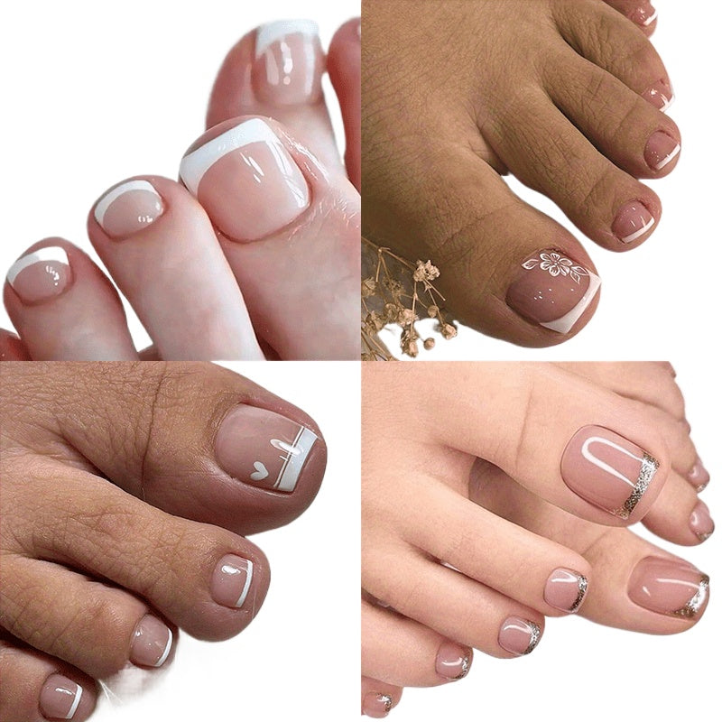 Chic 96PCS White French Glossy Press-On Toenails - Short Square, Floral & Heart Accents, Glitter Finish
