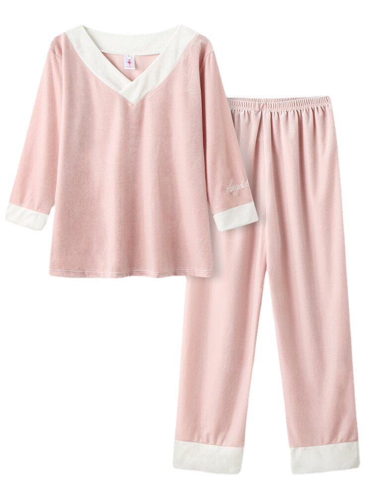 Women Velour Contrast V-Neck Letter Embroidery Cuff Cozy Pajamas Sets