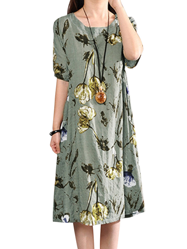 Retro Floral Print Two Pockets Loose Casual Dress For Women