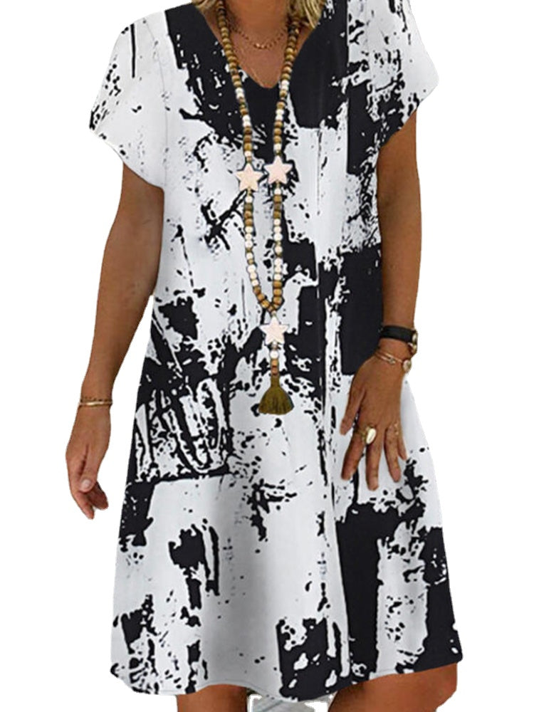 Women Leopard Floral Print V-Neck Casual Short Sleeve Dress