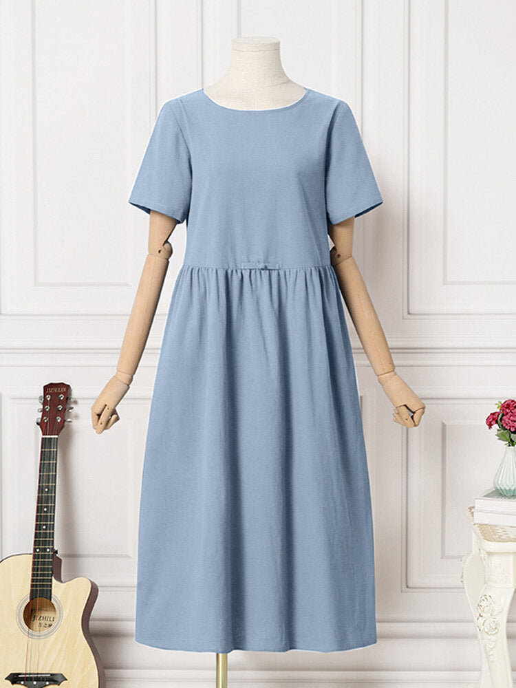 Solid Ruched Round Neck Short Sleeve Casual Cotton Midi Dress