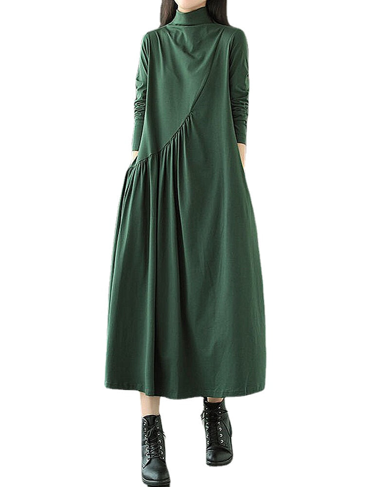 Women Pleated Solid Color Long Sleeve High Neck Casual Dress