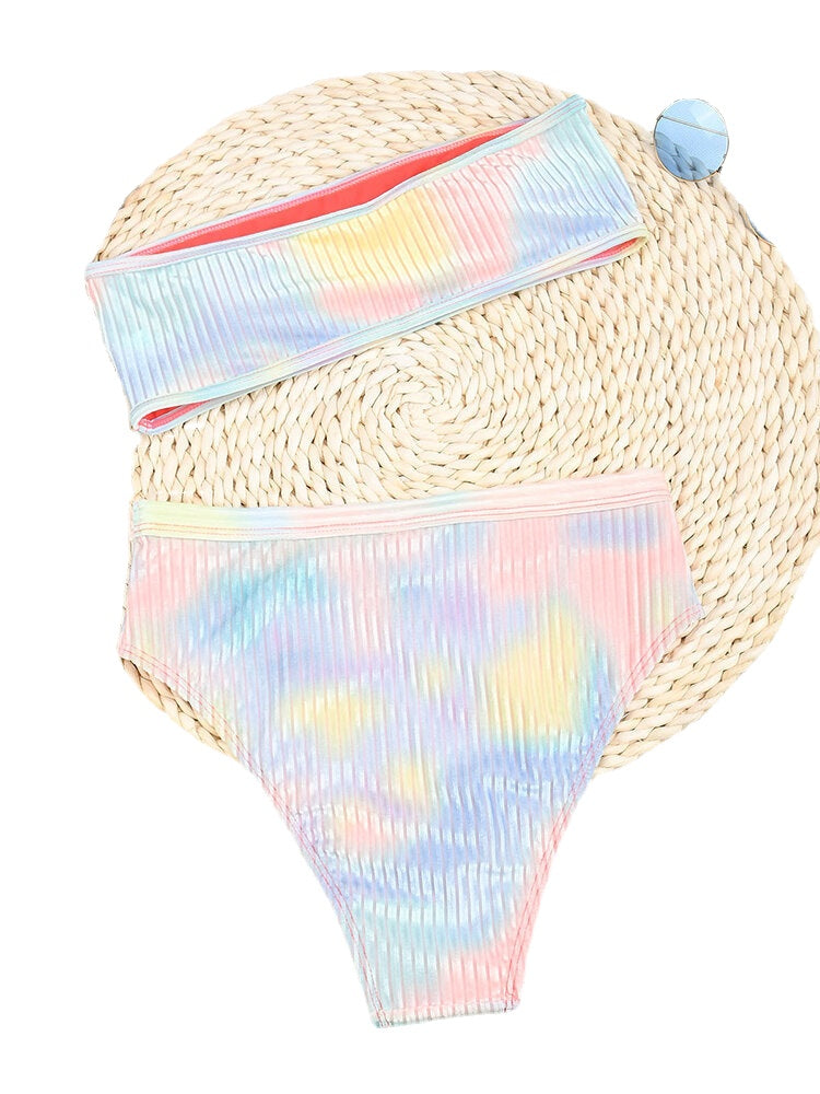 Tie Dye Print Ribbed Wireless Bandeau High Waist Bikini