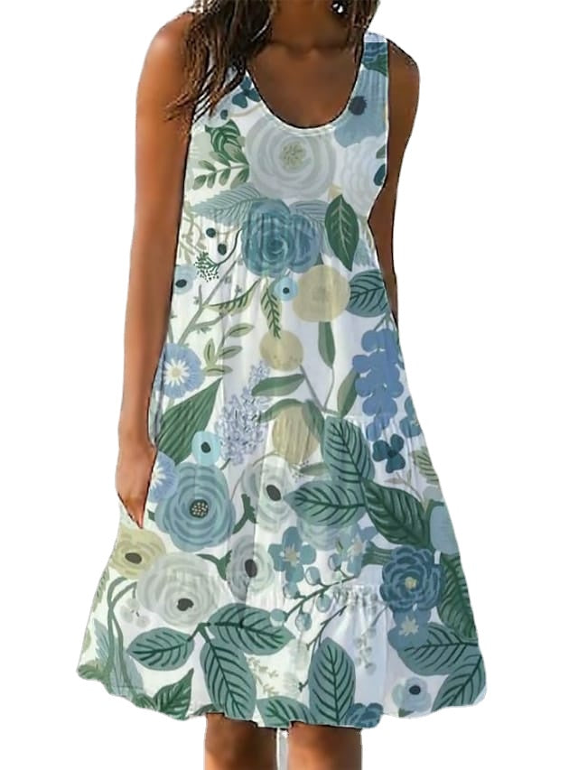 Women's Sleeveless Floral Pocket U Neck Vacation Dress