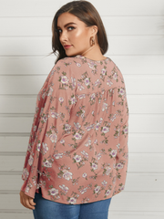 Women V-Neck Floral Print Long Sleeve Plus Size Blouse