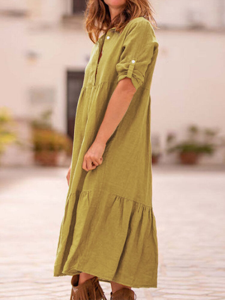 Women Long Adjustable Sleeve Button Pleated Solid Shirt Casual Maxi Dress