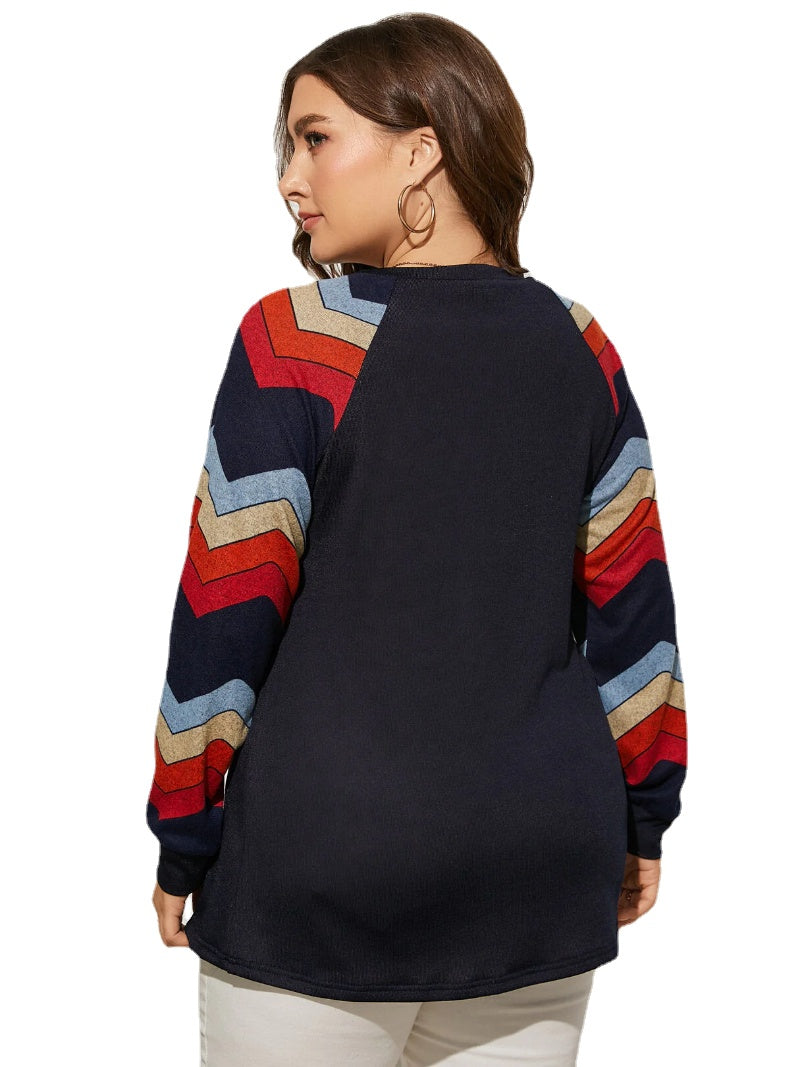 Plus Size Round Neck Wave Patchwork Design Long Sleeves Tee
