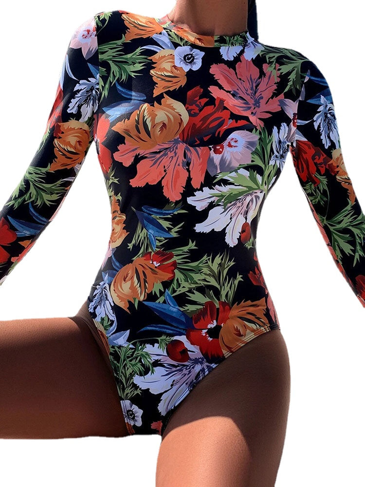 Tropical Leaves Print High Neck Backless Long Sleeve Slimming One Piece Women Swimwear