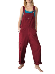 Women Solid Color Straps Button Detail Front Pocket Casual Loose Cargo Jumpsuit
