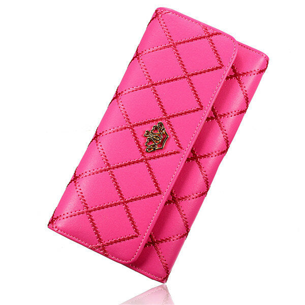 Women Quilted Crown Long Wallet Girls Candy Color Purse Card Holder Coin Bags