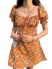 Women Maid Square Neck Puff Sleeve Floral Pleated Mini Dress