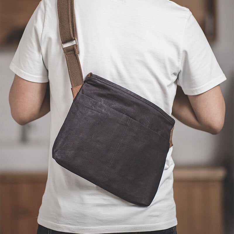 Men Simple Oil Wax Canvas Messenger Bag Waterproof Reinforced Polyester Webbing Crossbody Shoulder