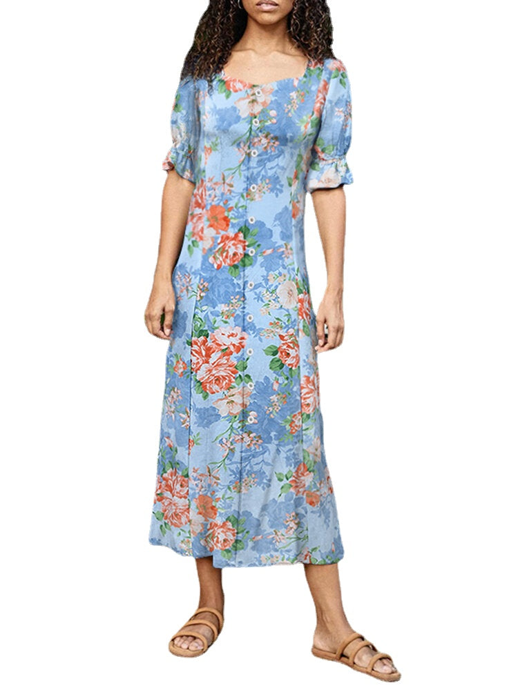 Women Flower Print Square Collar Bandage Elegant Maxi Dress