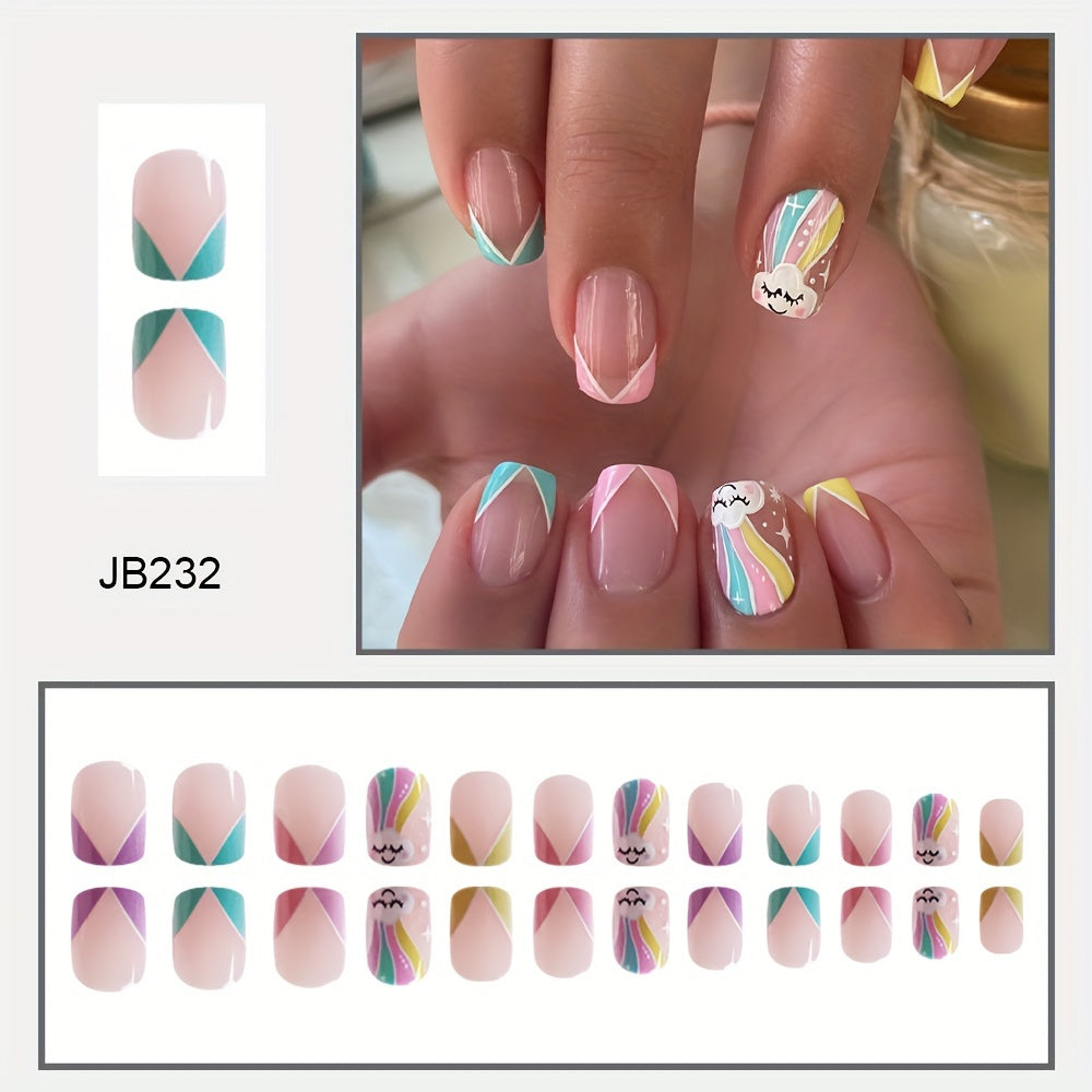 Colorful Rabbit Design Press On Nails - 24pcs Short Square Full Cover Fake Nails for Women & Girls