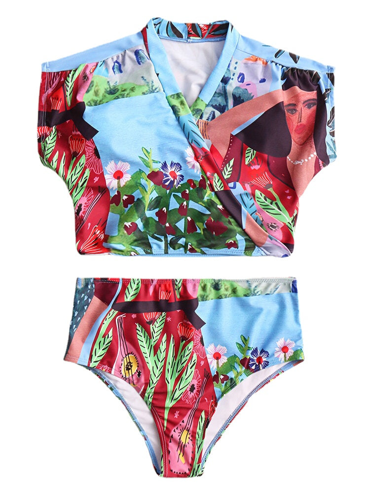 Women Tropical Leaves Print Swimsuit String Short Sleeve High Waist Bikini