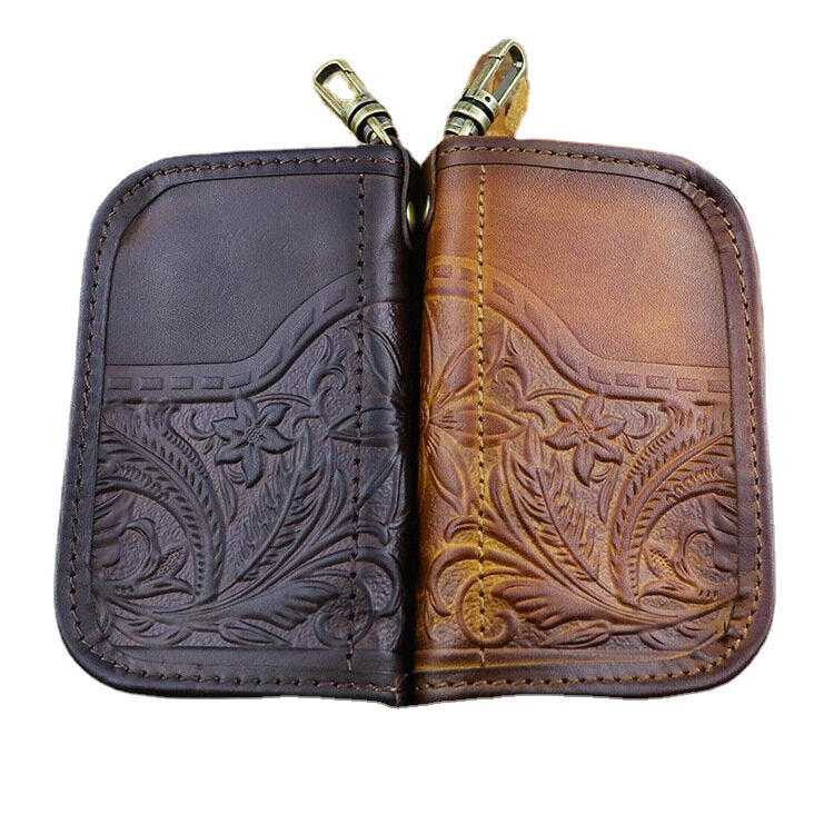 Men Genuine Leather Vintage Printed Car Key Bag Wallet