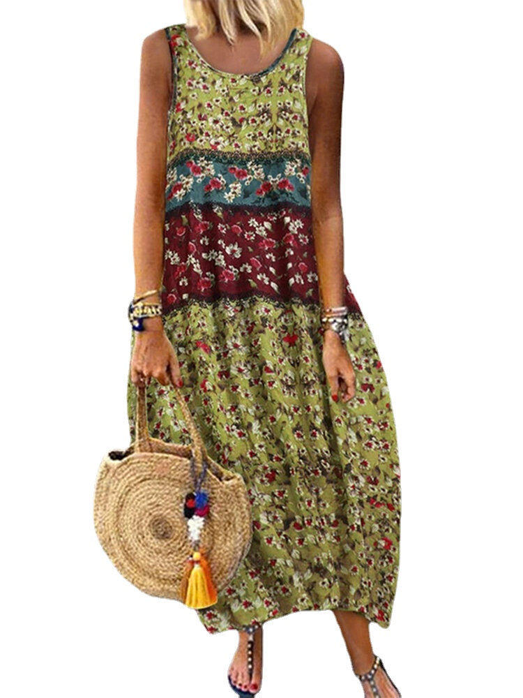 Women Sleeveless O-neck Floral Print Baggy Summer Maxi Dress