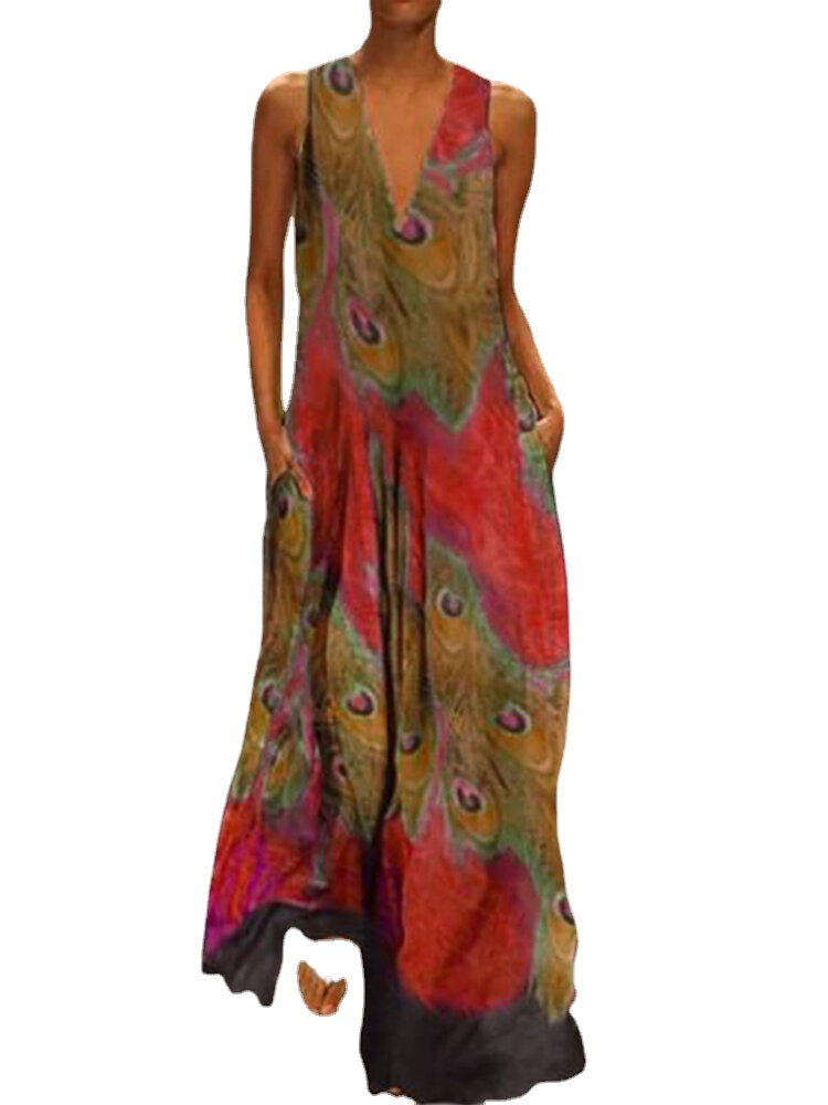 Women Sleeveless Peacock Print Bohemia Beach Long Maxi Dress