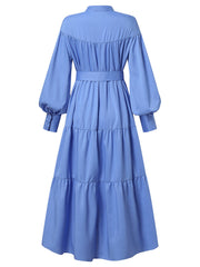 Solid Color Stand Collar Puff Sleeve Belted Pleated Shirt Maxi Dress