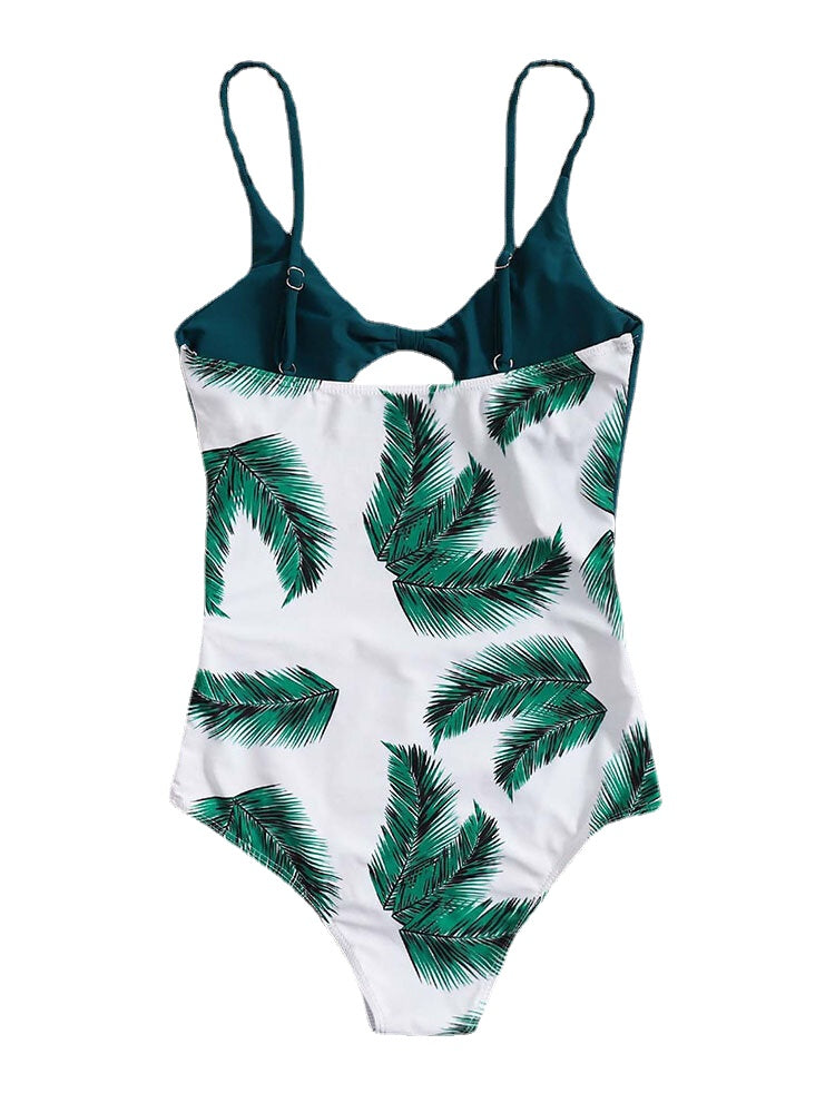 Leaf Print Knotted Spaghetti Adjustable Straps One Piece Summer Beach Swimwear