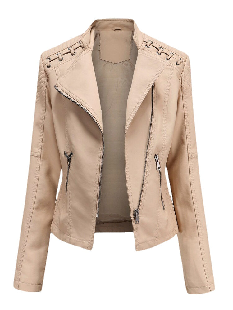 Women Faux PU Leather Solid Color Motorcycle Jacket