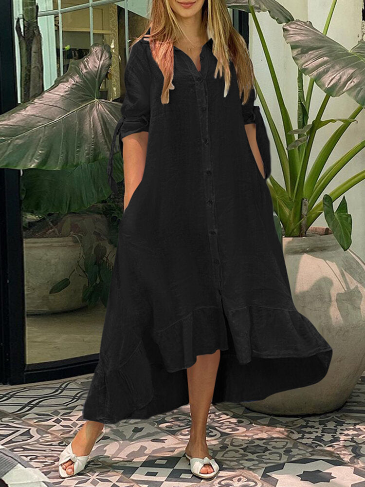 Solid Pleating Streetwear Loose Side Pocket  Dress