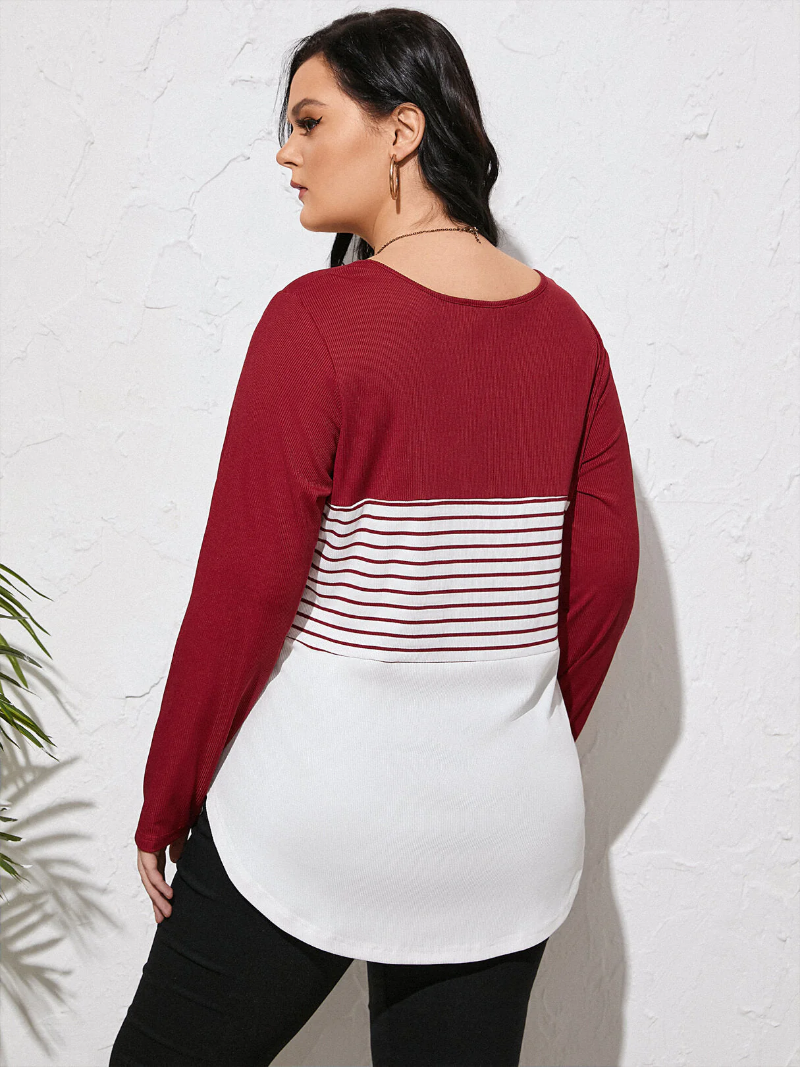 Plus Size Round Neck Striped Patchwork Long Sleeves Tee