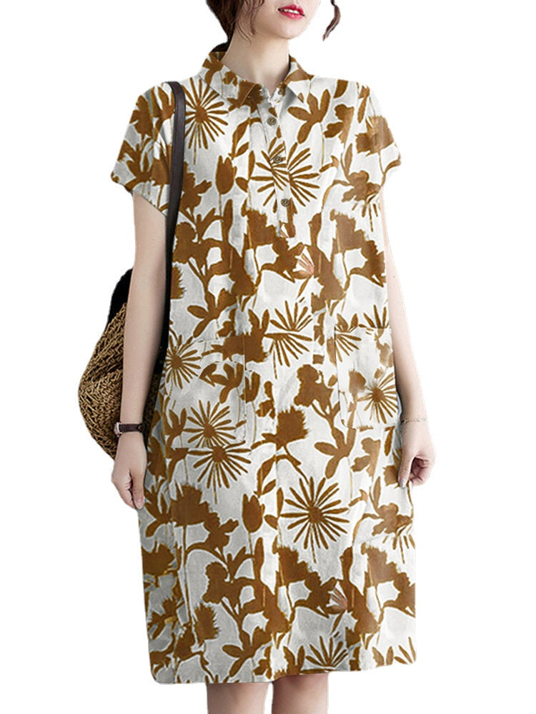 Plant Print Lapel Button Pocket Casual Midi Print Dress