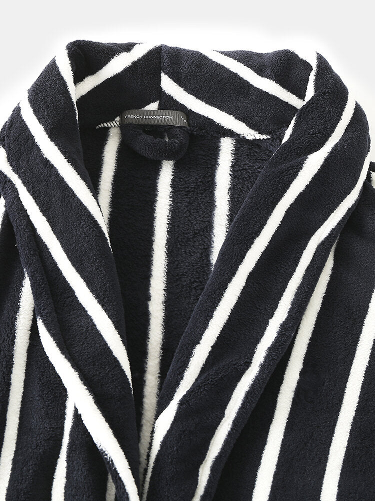 Men Basic Striped Print Flannel Winter Thick Mid-Length Home Lounge Robes
