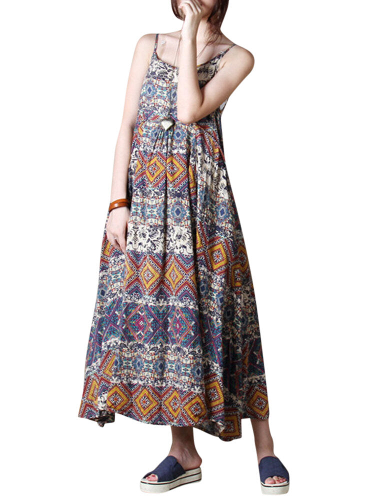 Bohemian Women Random Floral Printed Sleeveless Spaghetti Strap Maxi Dresses