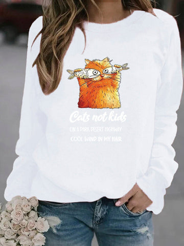 Women Funny Cartoon Cat Printed Pullover Long Sleeve Casual Sweatshirts