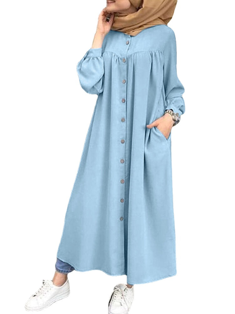 Solid Color Stand Collar Button Down Front Leisure Loose Maxi Dress with Side Pockets