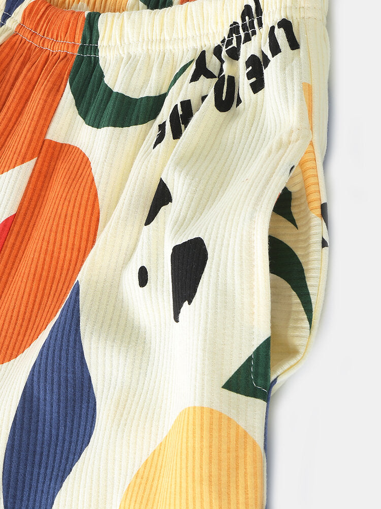 Women's Graphic Letter Print Ribbed Pullover Pajama Set with Elastic Waist and Pockets