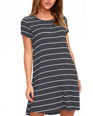 Striped O-neck Short Sleeve Casual Summer Mini Shirt Dress