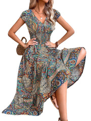 Women's Long Dress Maxi Dress Casual Dress Swing Dress Summer Dress Floral Paisley Tribal Fashion Casual Outdoor Daily Holiday Ruched Print Short Sleeve V Neck Dress Loose Fit Green Red OrangeMaxi Print Dresses