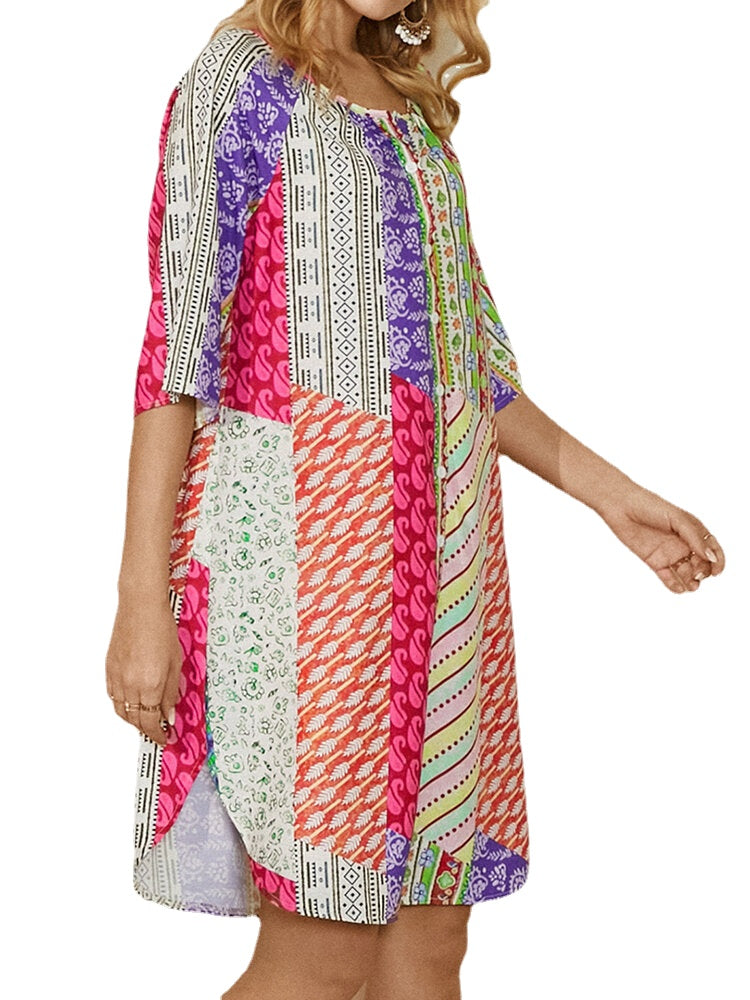 Women Abstract Colorblock Print Crew Neck Half Sleeve Ethnic Style Dress