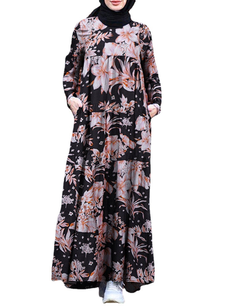 Women Floral Print Loose Causal Bohemian Back Zipper Pleated Maxi Dress With Side Pockets